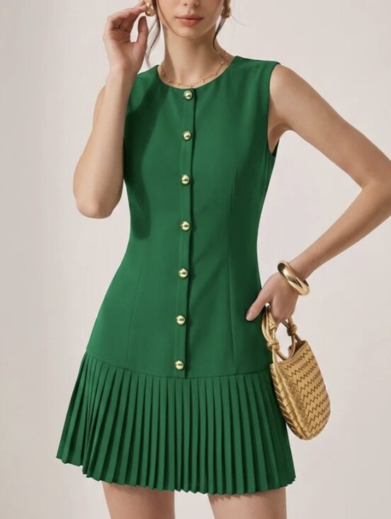 Commense Dresses & Skirts - Commense Mini Dress Pleayed Slim Fit Gold Button Detail Green S NWT
